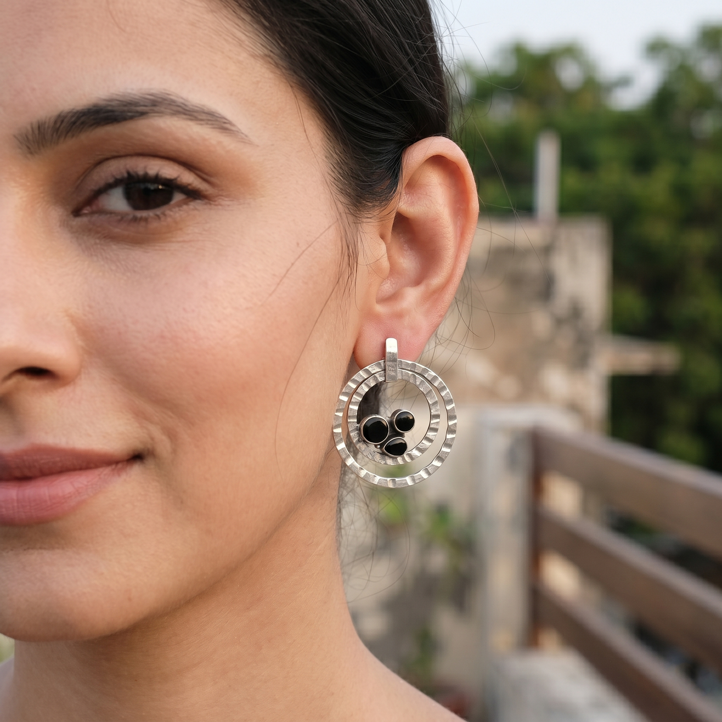 Sangeeta Boochra Dual Hoop Black Stone Silver Earrings