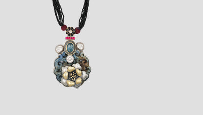 Sangeeta Boochra Black Beaded Silver Pendant  with Floral Detailing