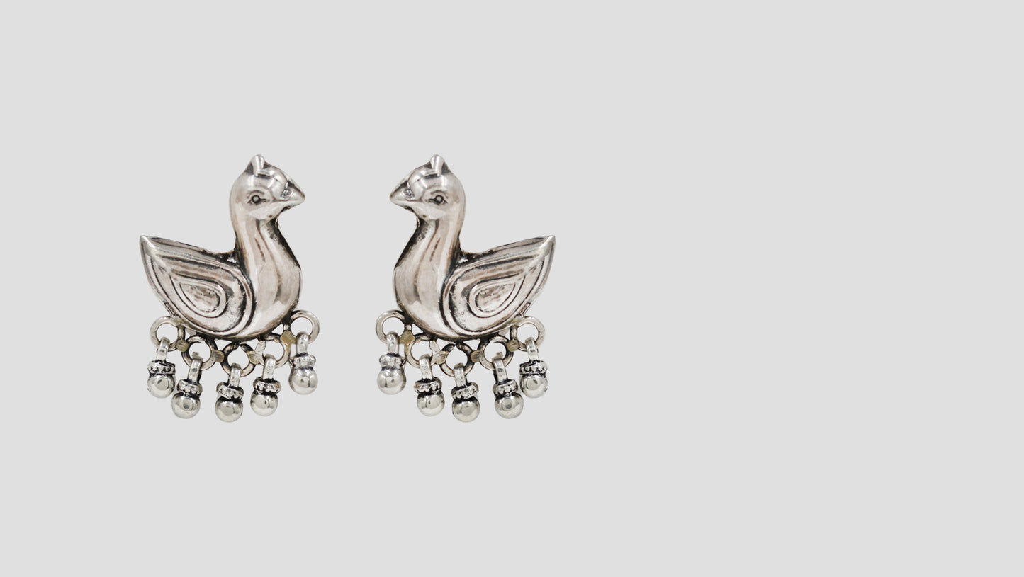 Sangeeta Boochra Handcrafted Oxidised Sterling Silver Peacock Motif Earrings