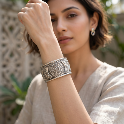 Sangeeta Boochra Floral Engraved Oxidised Silver Cuff