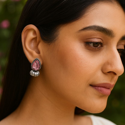 Sangeeta Boochra Handcrafted Silver Earrings with Pink Stone