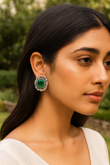 Sangeeta Boochra Handcrafted Silver Earrings with Green Gem and Pearls