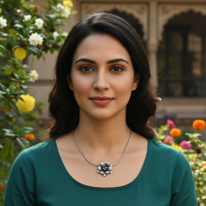 Elegant Floral Oxidised Silver Pendant – Sangeeta Boochra