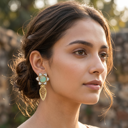 Sangeeta Boochra Handcrafted Gold Plated Silver Floral Earrings with White Kundan & MOP Detailing