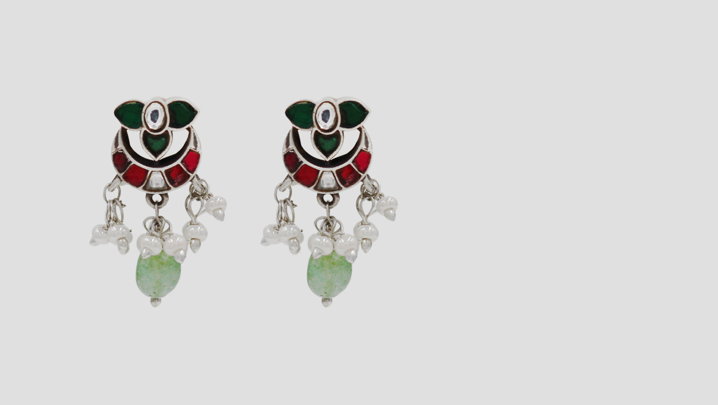 Sangeeta Boochra Silver Kundan Stud Earrings with Pearl Tassels & Green Bead Drop
