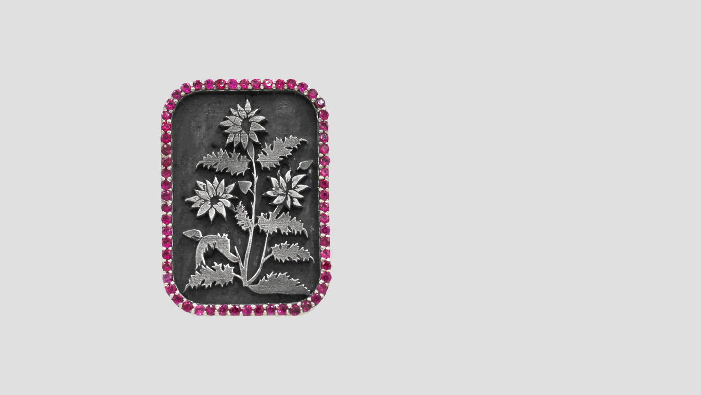 Sangeeta Boochra Timeless Floral Silver Brooch with Ruby-Pink Stone Border