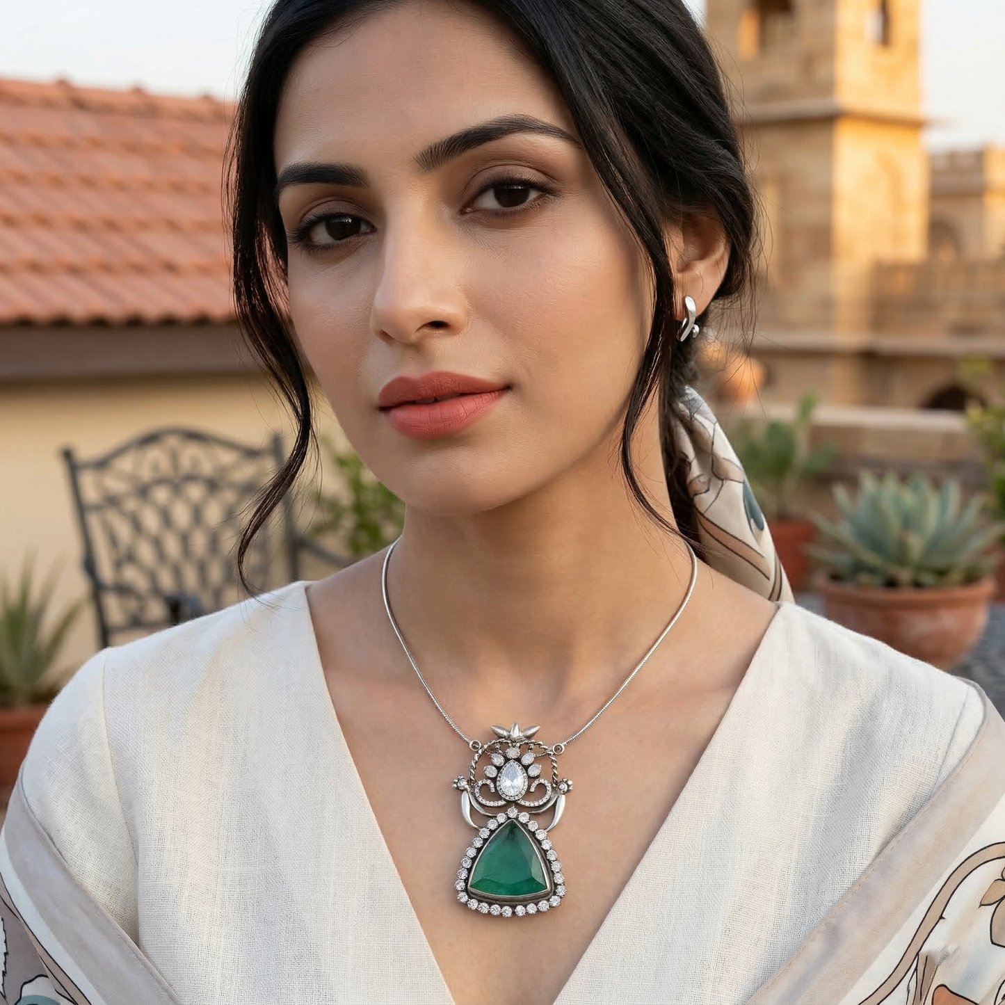 Sangeeta Boochra Elegant Moissanite Silver Pendant with Green Triangular Stone
