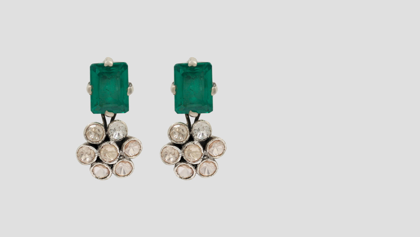 Sangeeta Boochra Green Stone & Polki Flower Silver Earrings