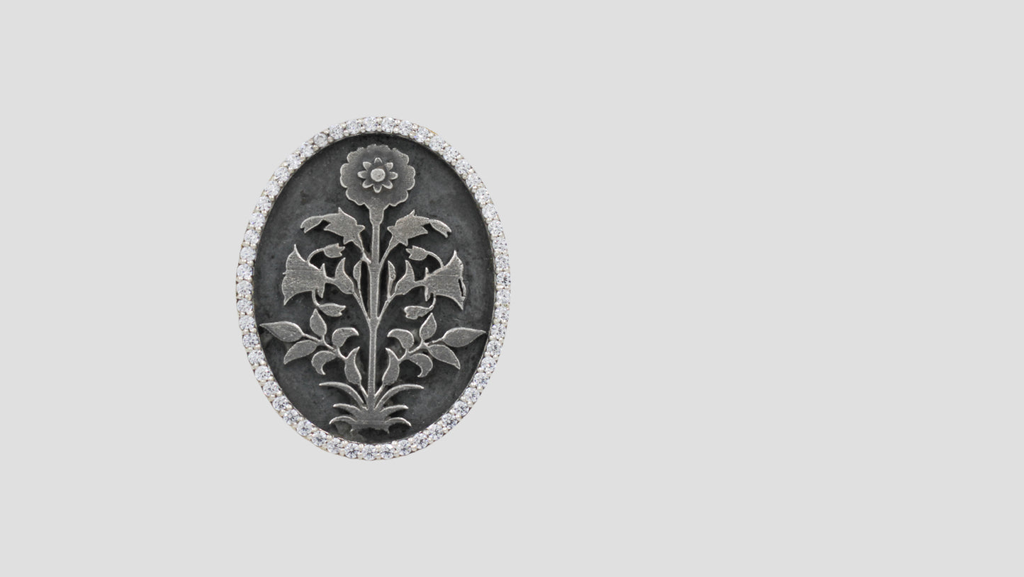 Sangeeta Boochra Heritage Floral Silver Brooch – Oxidised Finish