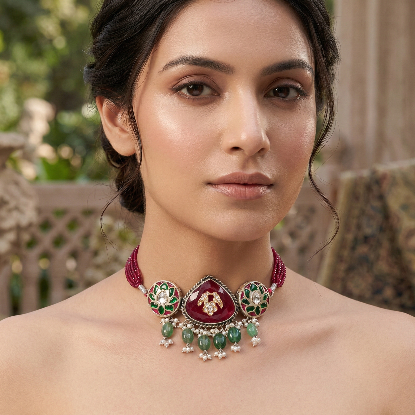 Sangeeta Boochra Handcrafted Red Bead Silver Choker with Green Drops