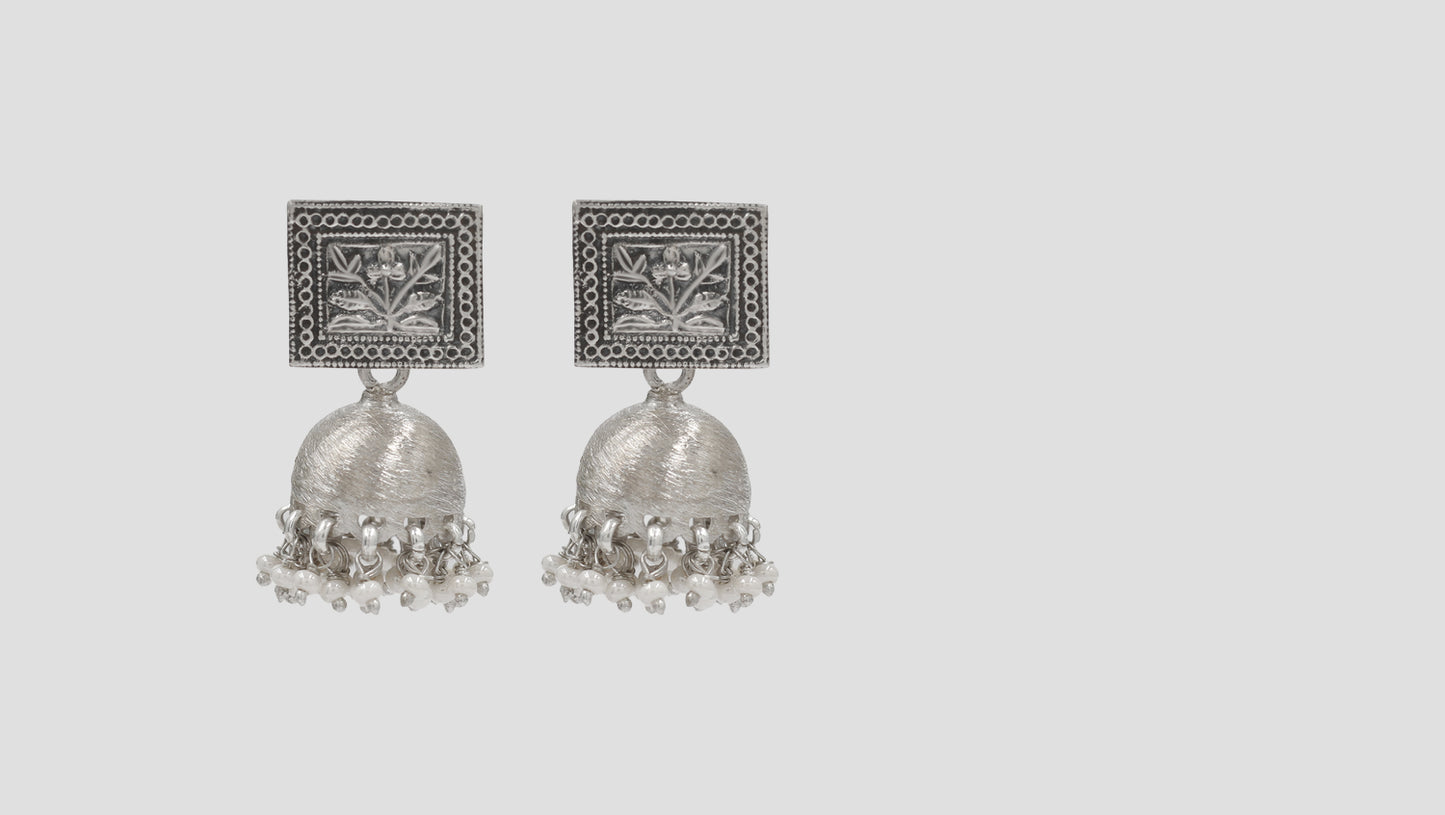 Floral Engraved Oxidised Silver Jhumki Earrings