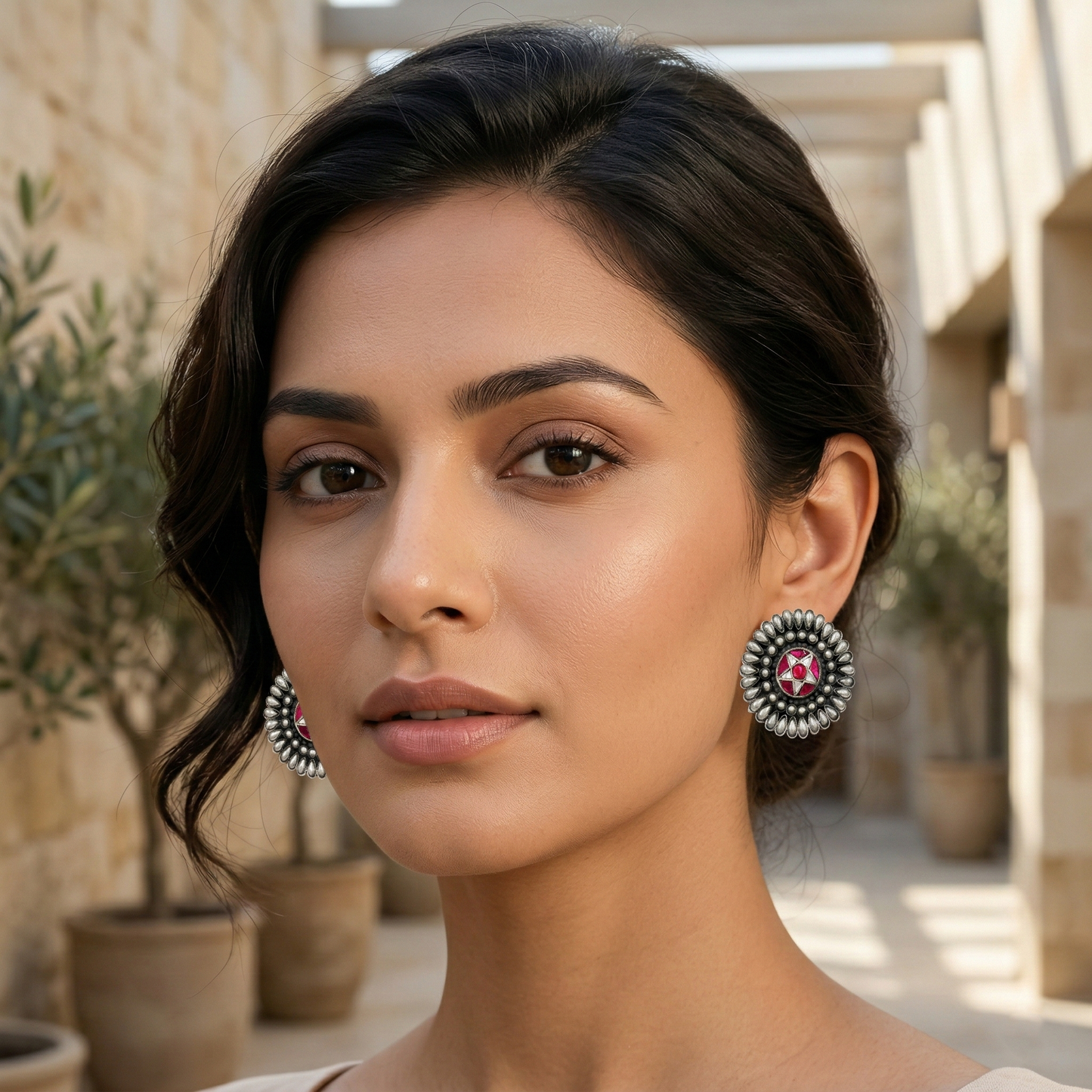Sangeeta Boochra Artisan Oxidised Silver Earrings with Kundan Detailing