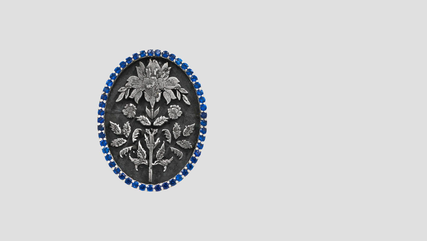 Sangeeta Boochra Handcrafted Oxidised Silver Brooch with Blue Gemstone Border