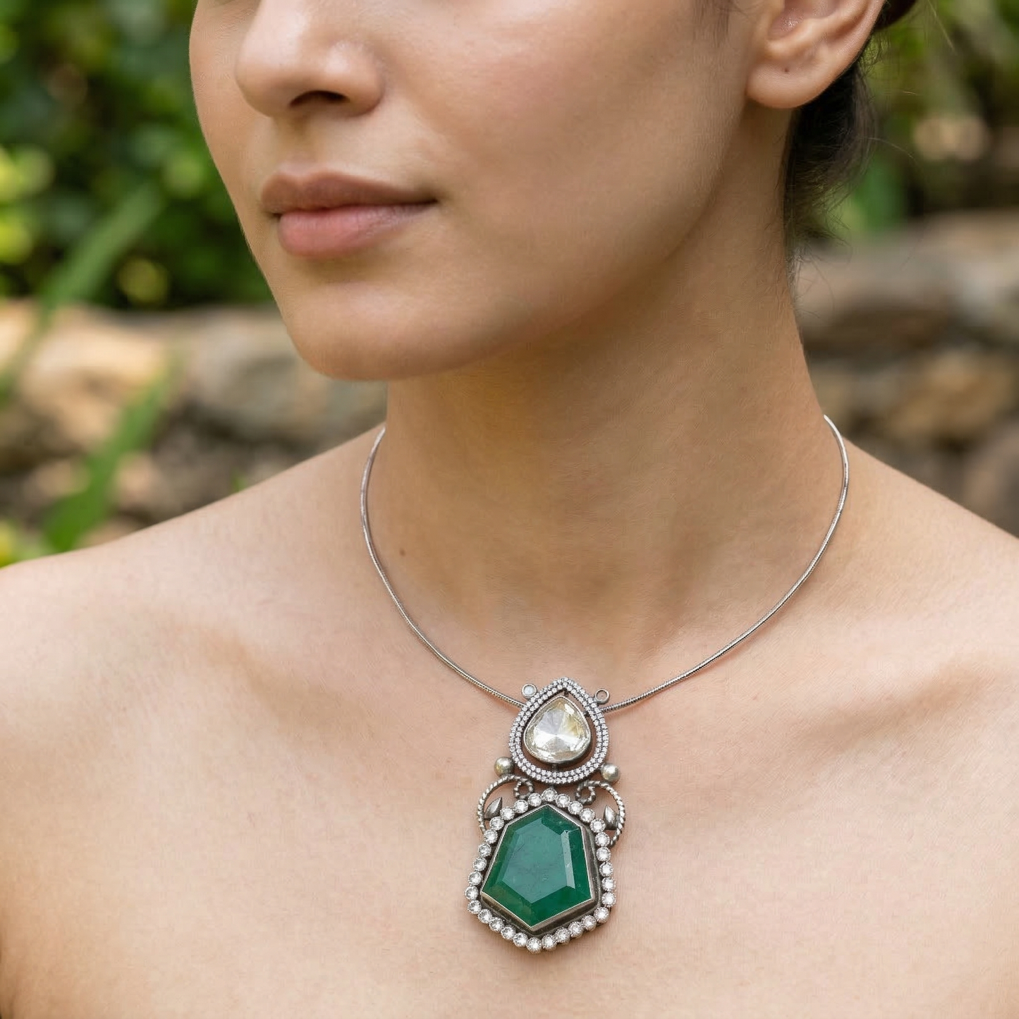 Sangeeta Boochra Emerald Elegance Moissanite Silver Pendant