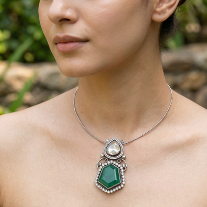 Sangeeta Boochra Emerald Elegance Moissanite Silver Pendant
