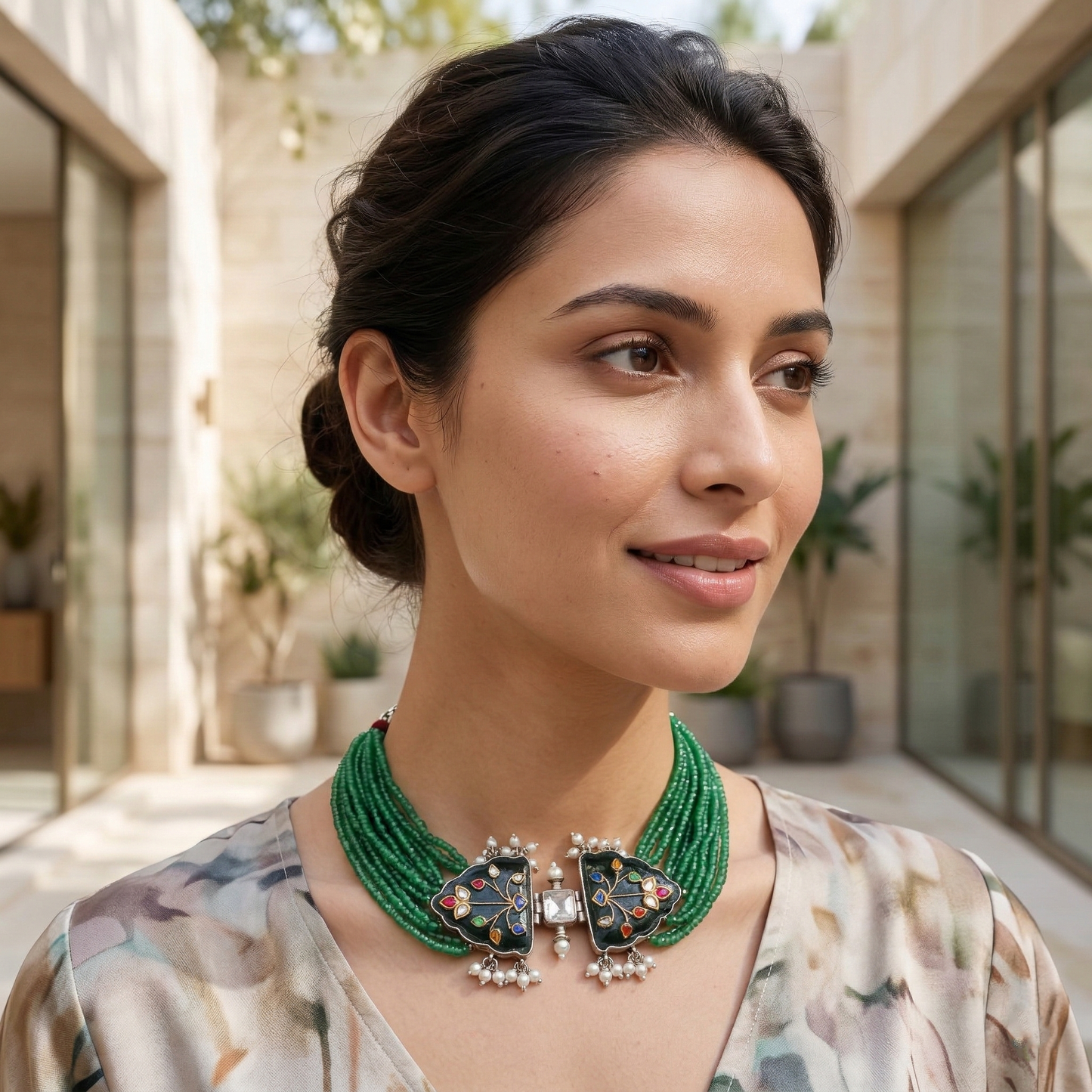 Sangeeta Boochra Handcrafted Green Bead Silver Statement Choker