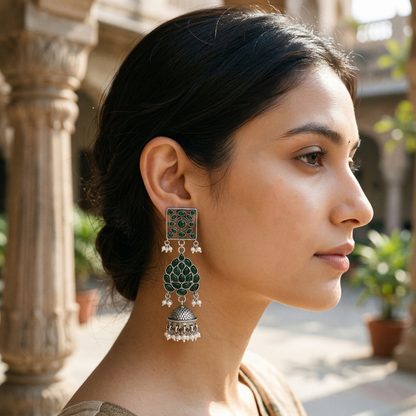 Sangeeta Boochra Royal Green Kundan Silver Statement Jhumkas