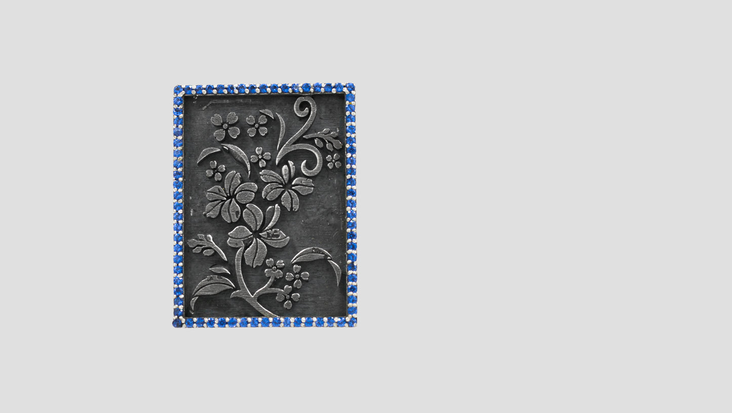 Handcrafted Oxidised Silver Heritage Floral Brooch with Blue Stone Accents | Sangeeta Boochra