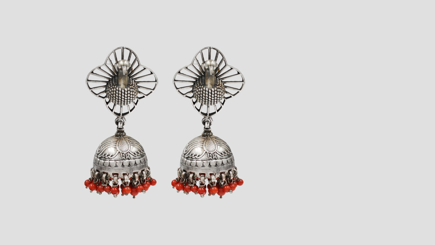 Peacock Motif Oxidised Silver Jhumka Earrings