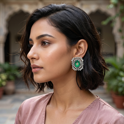 Sangeeta Boochra Royal Green Stone Floral Silver Earrings