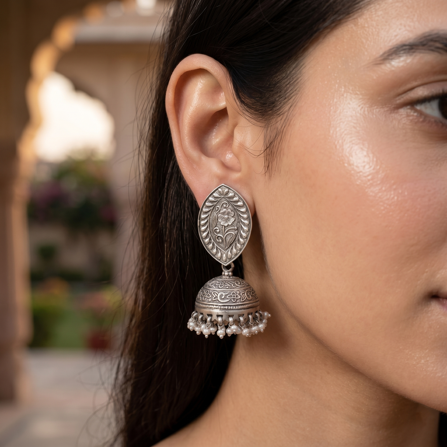 Sangeeta Boochra Handcrafted Floral Motif Silver Jhumki Earrings