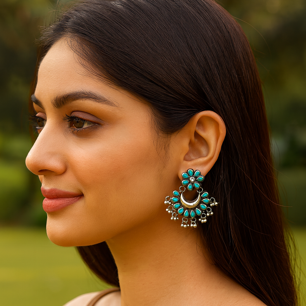 Sangeeta Boochra Silver Earrings with Turquoise Floral Motifs