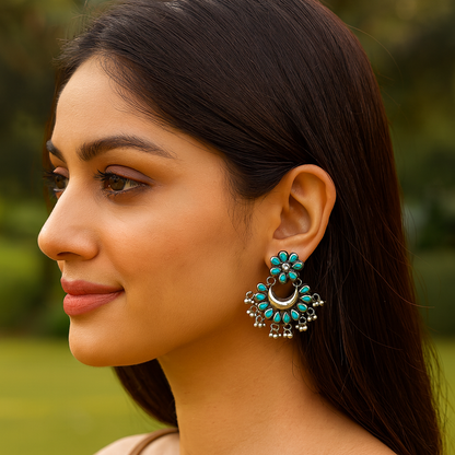 Sangeeta Boochra Silver Earrings with Turquoise Floral Motifs