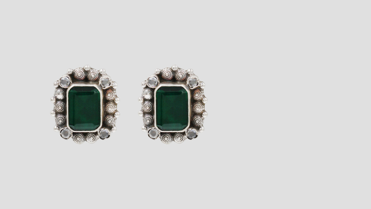 Sangeeta Boochra Oxidised Sterling Silver Emerald Green Statement Stud Earrings