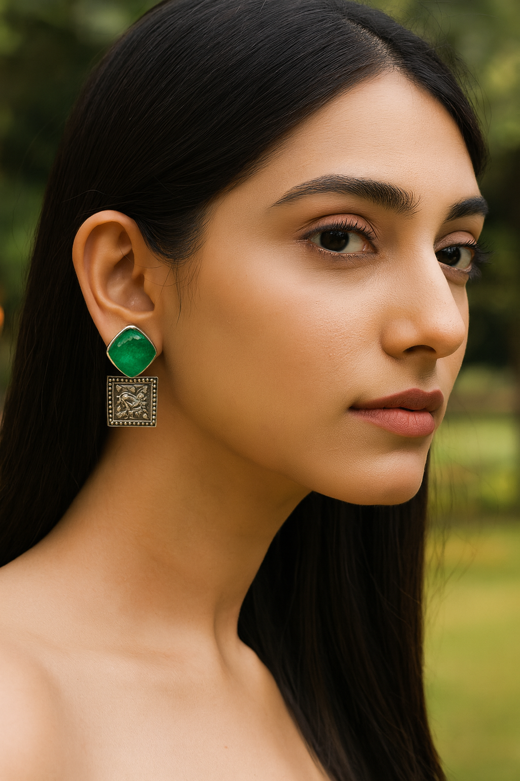 Artisan Silver Earrings with Green Gemstone and Traditional Design – Sangeeta Boochra