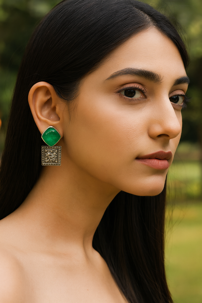 Artisan Silver Earrings with Green Gemstone and Traditional Design – Sangeeta Boochra