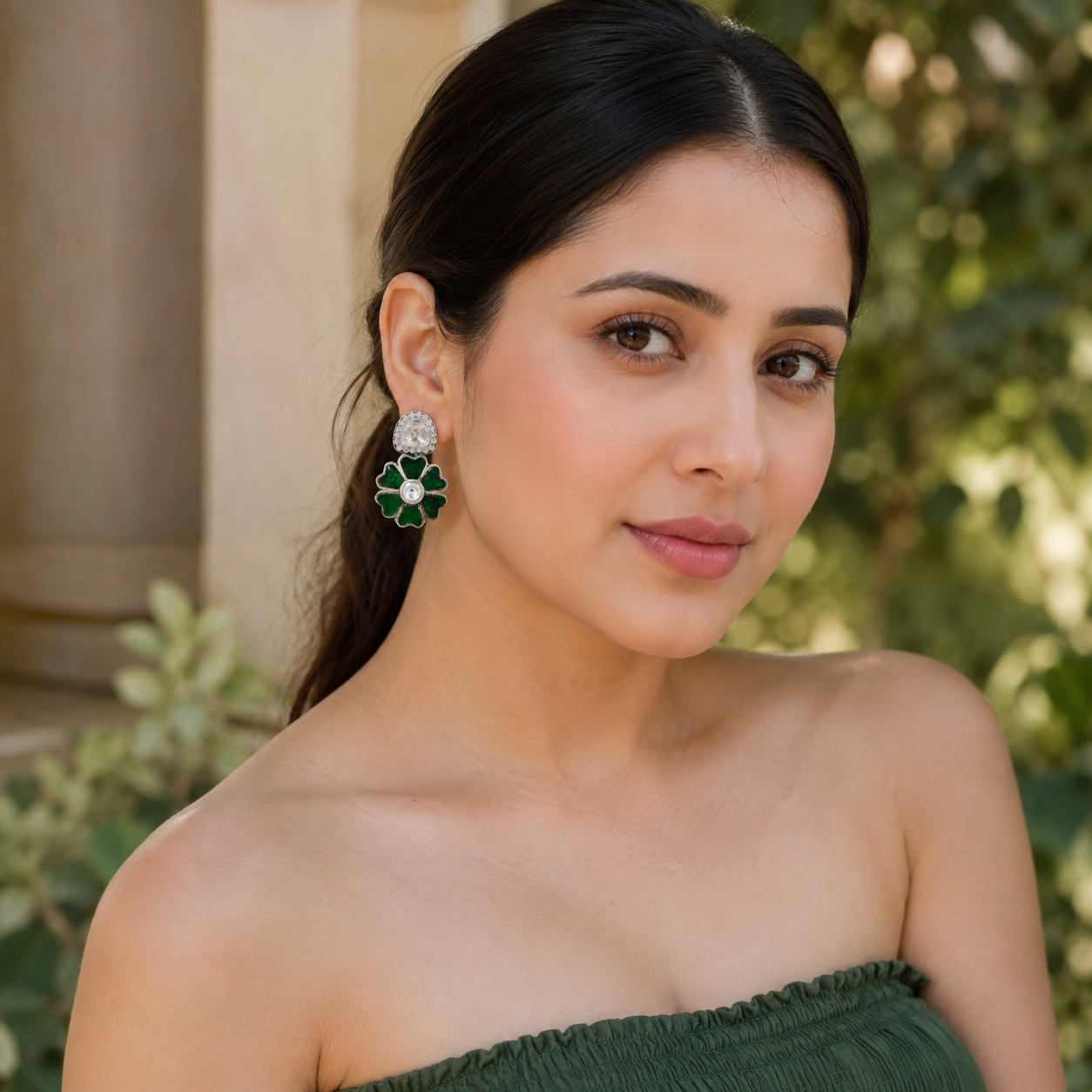 Sangeeta Boochra Moissanite & Green Kundan Floral Silver Earrings