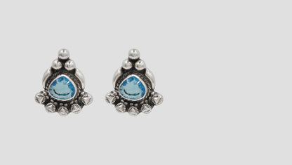 Oxidised Silver Stud Earrings with Sky Blue Teardrop Stone – Sangeeta Boochra