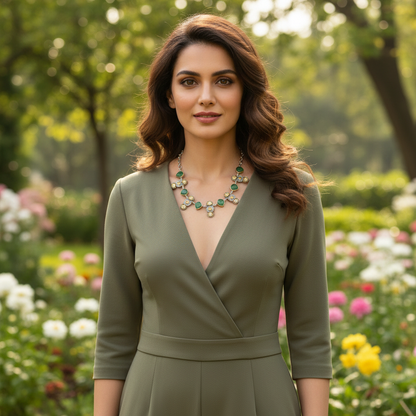 Sangeeta Boochra Silver Necklace with Green Stone & Floral Motifs