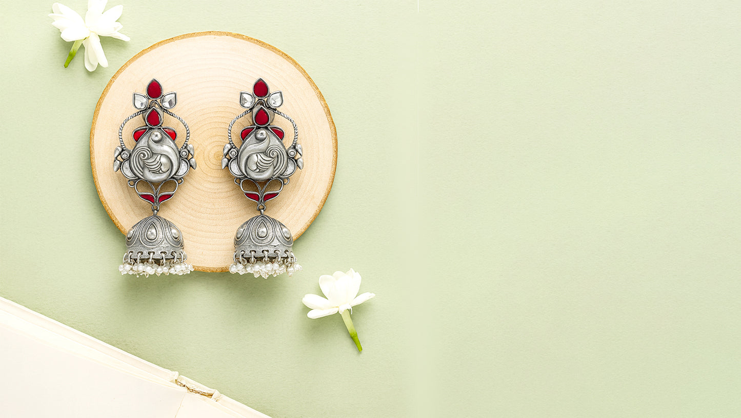 Elegant Silver Peacock Jhumka Earrings | Sangeeta Boochra