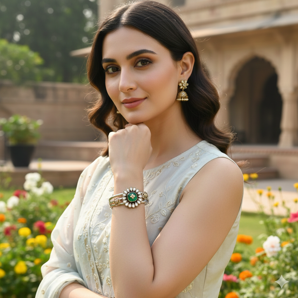 Elegant Green Stone Statement Silver Bracelet – Sangeeta Boochra