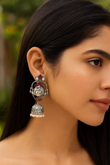 Elegant Silver Peacock Jhumka Earrings | Sangeeta Boochra