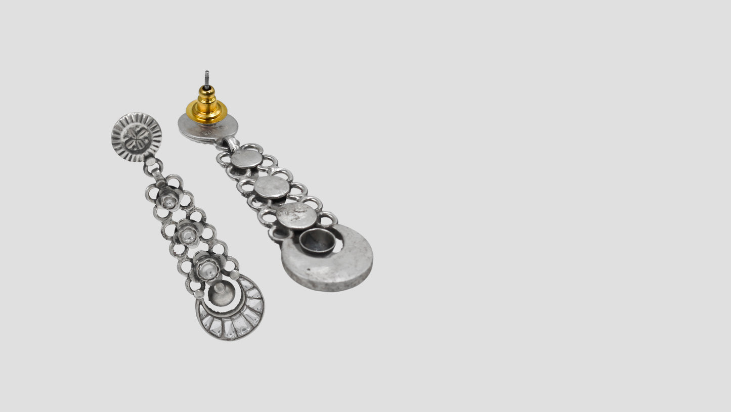 Artisanal Long Silver Earrings with Floral Motifs