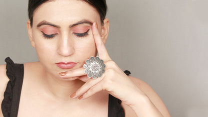 Floral Intricate Oxidized Silver Ring