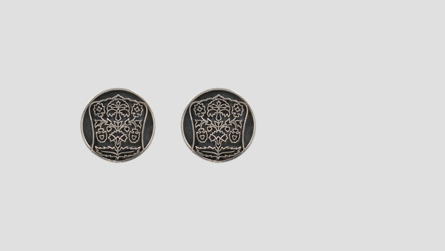 Sangeeta Boochra Heritage Motif Oxidised Silver Disc Earrings