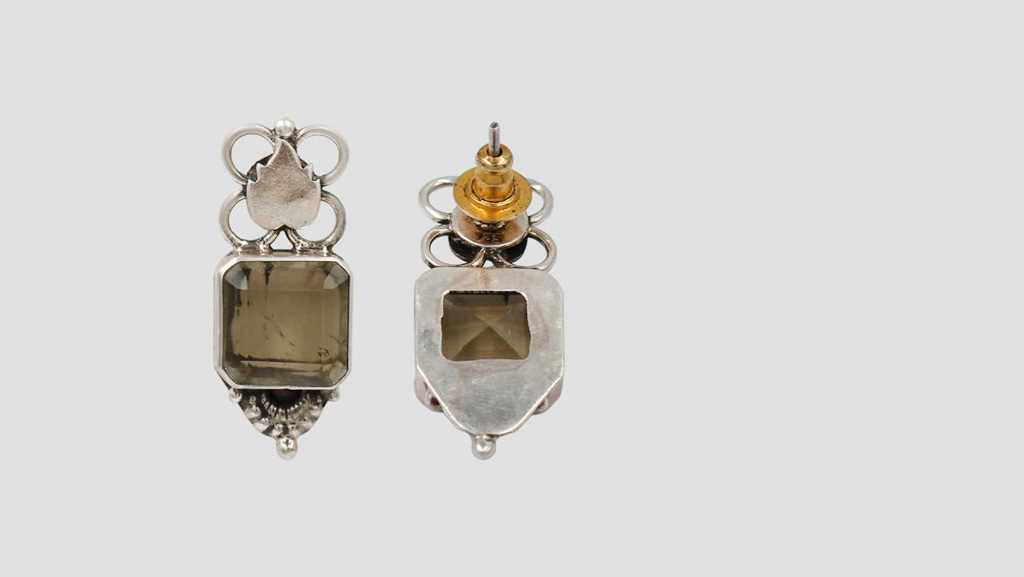 Sangeeta Boochra Heritage Silver Earrings – Floral Motif with Smoky Quartz
