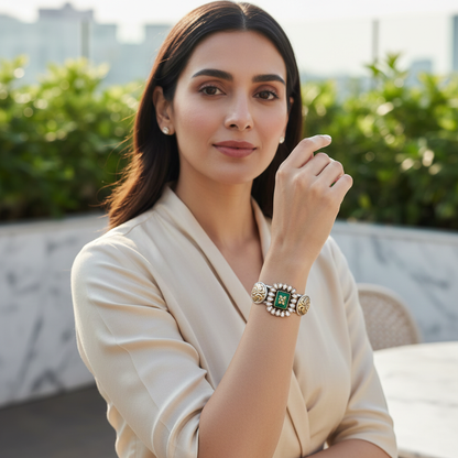 Regal Green Stone Statement Silver Bracelet – Sangeeta Boochra