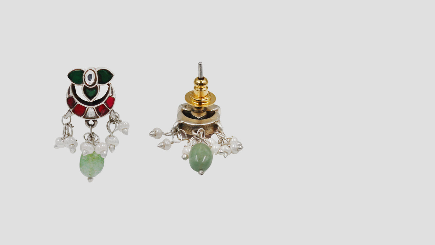 Sangeeta Boochra Silver Kundan Stud Earrings with Pearl Tassels & Green Bead Drop