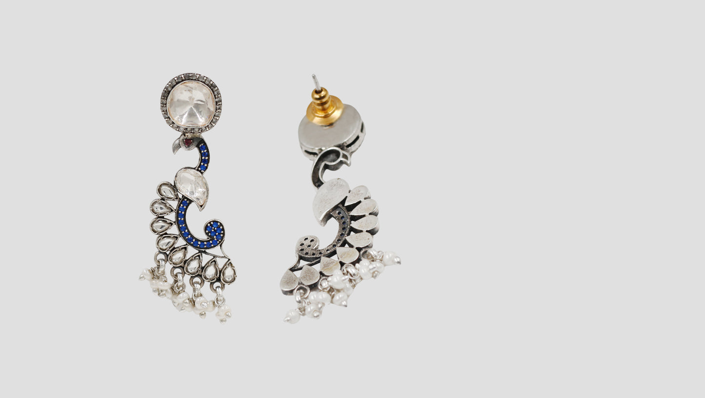 Sangeeta Boochra Peacock-Inspired Silver Earrings with Moissanite & Kundan