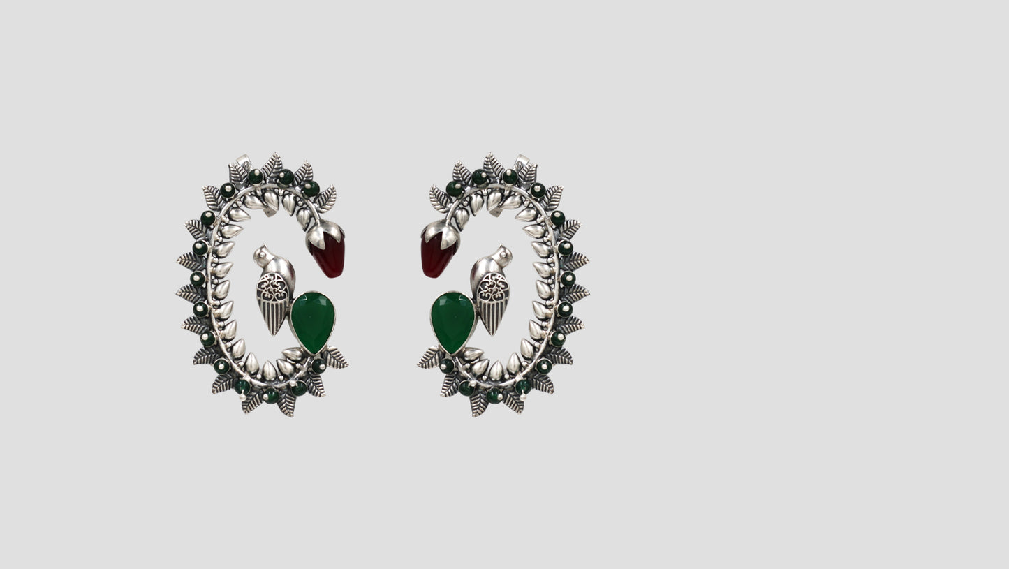 Sangeeta Boochra Handcrafted Bird Motif Oxidised Silver Statement Earrings with Green Stones