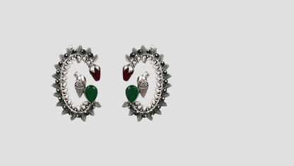 Sangeeta Boochra Handcrafted Bird Motif Oxidised Silver Statement Earrings with Green Stones