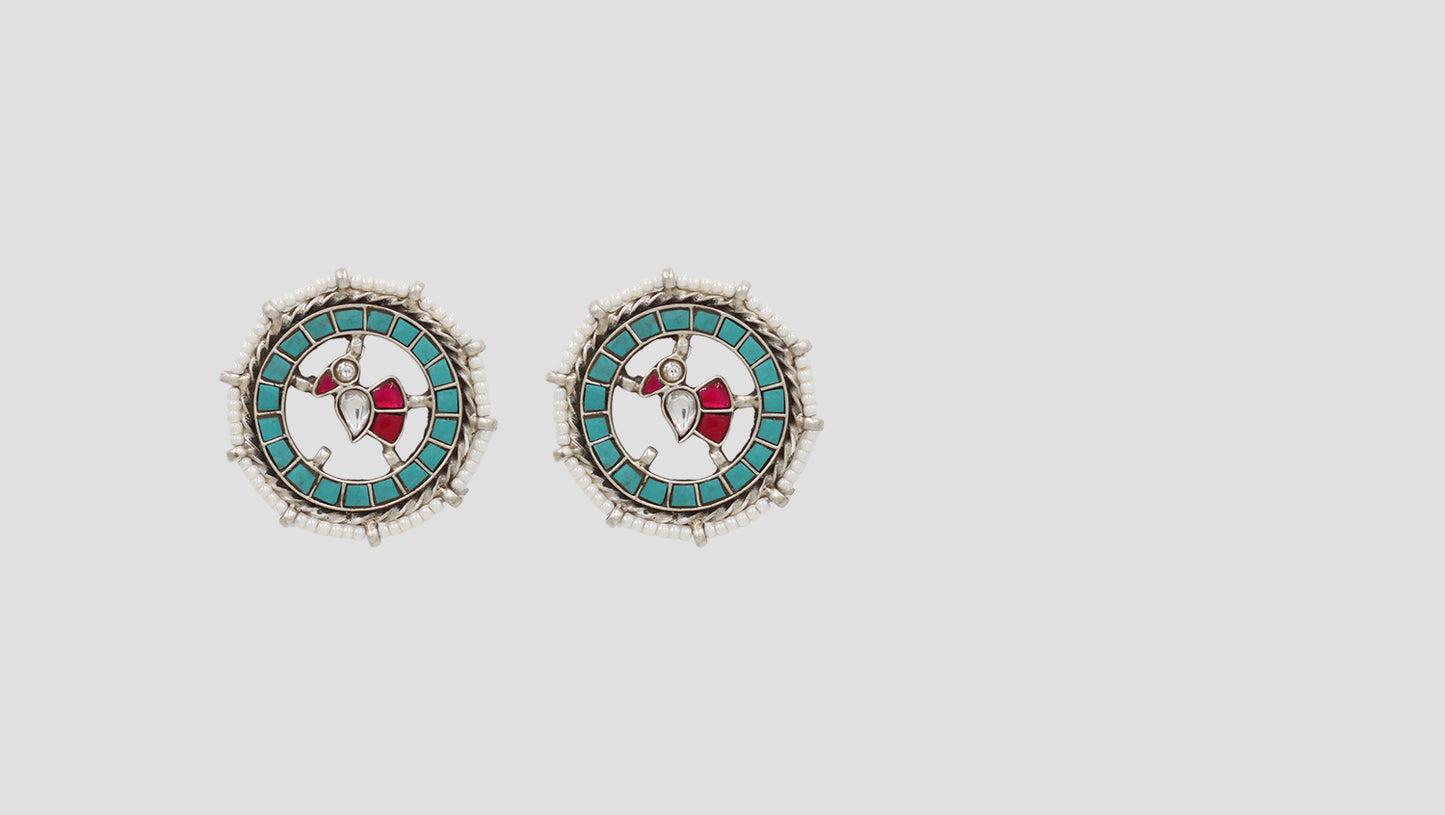 Sangeeta Boochra Tribal Circular Silver Earrings with Turquoise & Red Stone