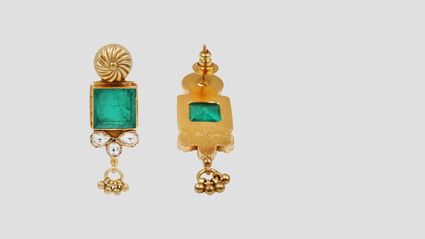 Sangeeta Boochra Gold Plated 925 Silver Green Stone & Moissanite Finish Stud Earrings