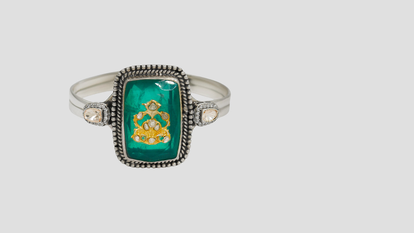 Sangeeta Boochra Artisan Kundan Green Stone Silver Bracelet