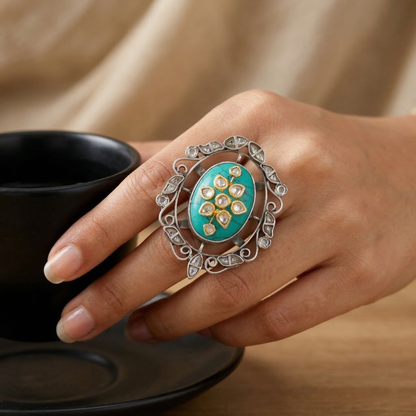 Sangeeta Boochra Handcrafted Turquoise & Kundan Silver Ring
