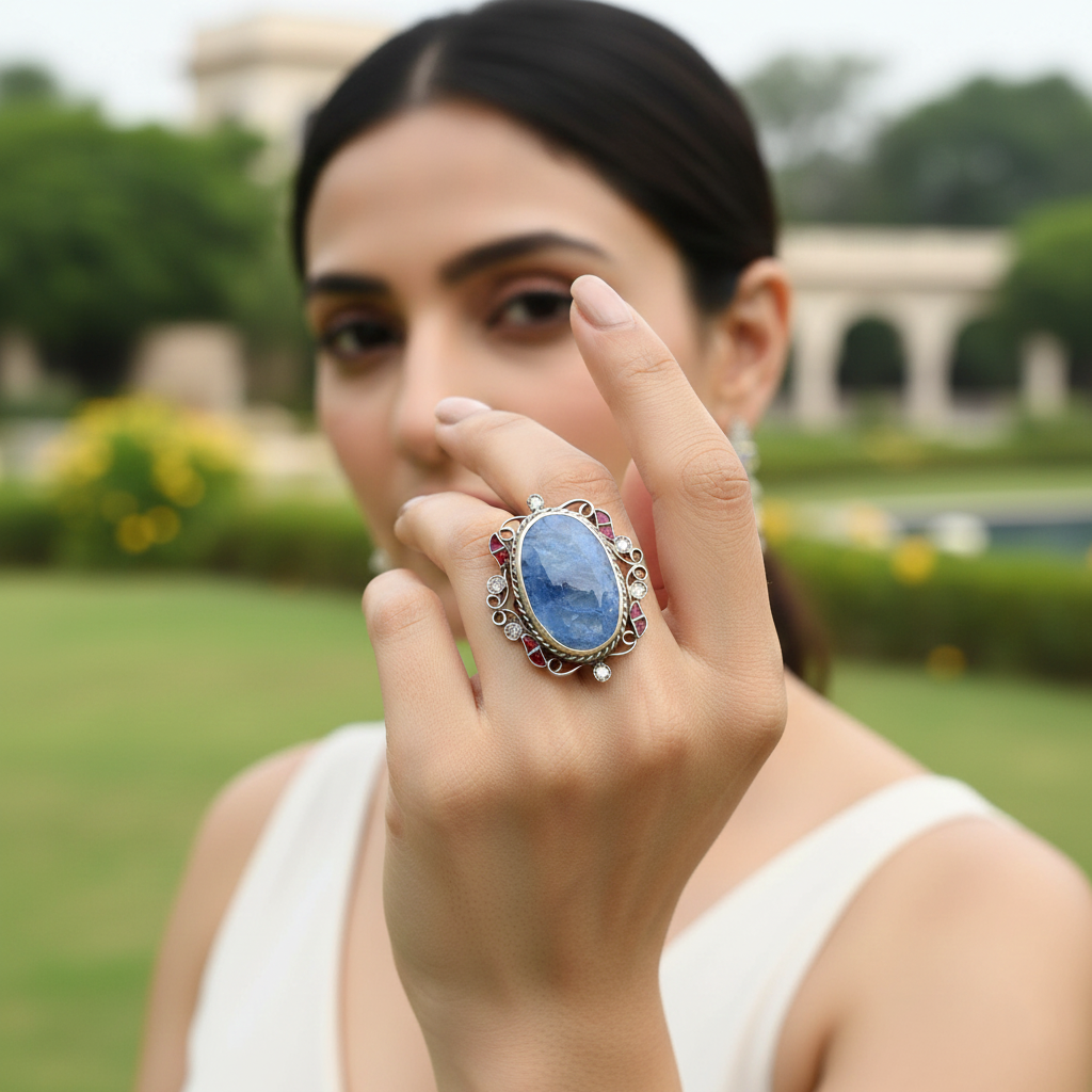 Sangeeta Boochra Handcrafted Blue Stone Silver Ring